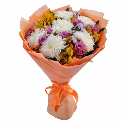 Шикарный букет цветов из хризантемы, альстромерии и розы