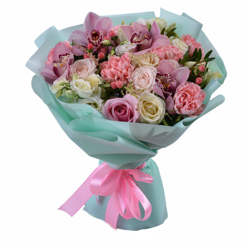 Букет на День матери из роз, орхидеи и гвоздики