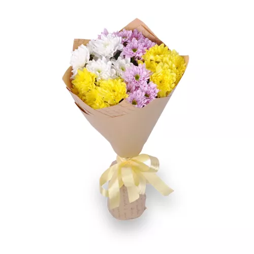 Букет из 5 разноцветных хризантем в крафте