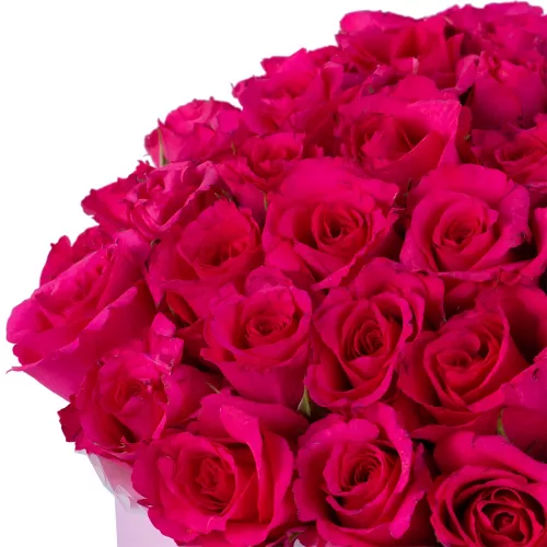35 малиновых роз в розовой шляпной коробке