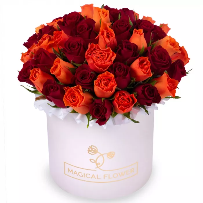 51 разноцветная роза в кремовой шляпной коробке