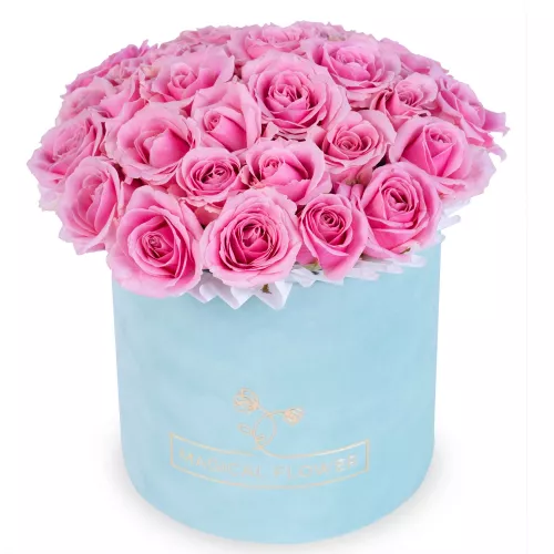 Букет из 25 розовых роз premium в зеленой бархатной шляпной коробке