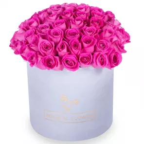 Букет из 75 розовых роз в серой бархатной шляпной коробке