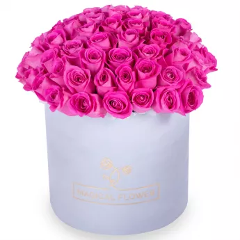 Букет из 75 розовых роз в серой бархатной шляпной коробке
