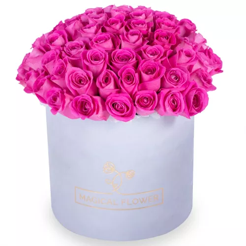 Букет из 75 розовых роз в серой бархатной шляпной коробке