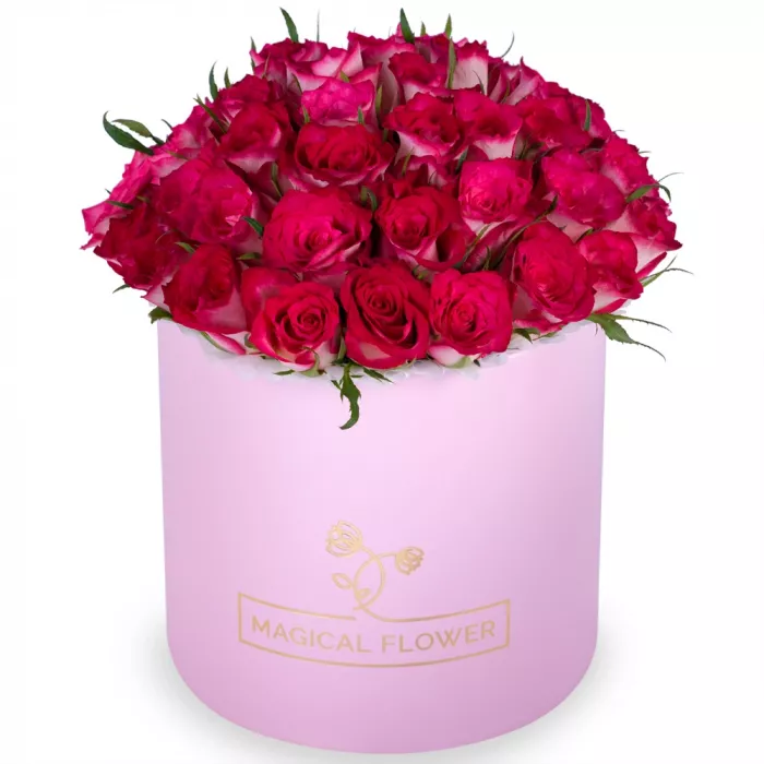 Букет из 51 бело-малиновой розы в розовой шляпной коробке