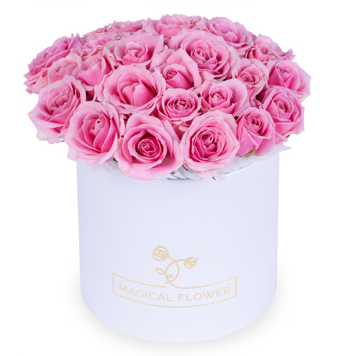 Букет из 25 розовых роз premium в белой шляпной коробке