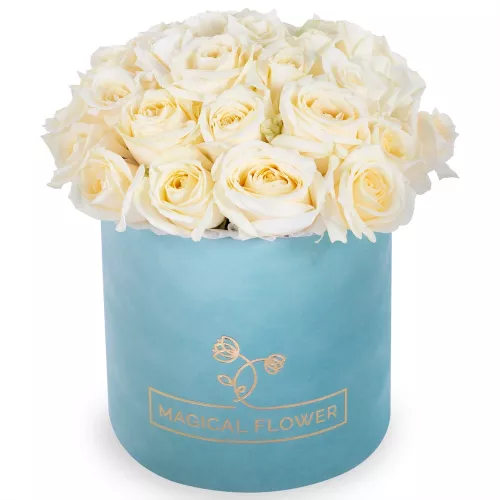 Букет из 35 белых роз premium в зеленой бархатной шляпной коробке Букет из 35 белых роз premium в зеленой бархатной шляпной коробке