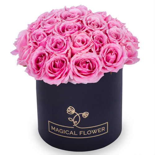 Большой букет из 35 розовых роз premium в черной шляпной коробке