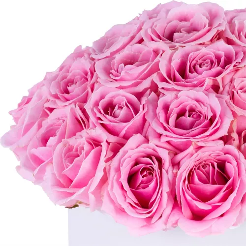 Букет из 35 розовых роз premium в кремовой шляпной коробке