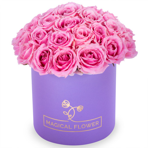 Букет из 35 розовых роз premium в фиолетовой шляпной коробке