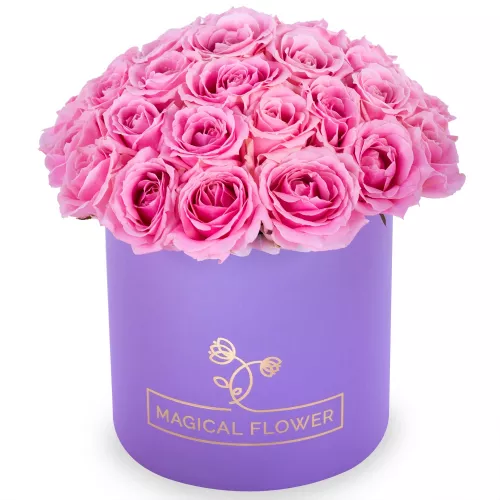 Букет из 35 розовых роз premium в фиолетовой шляпной коробке