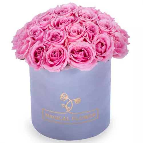 Букет из 35 розовых роз premium в серой бархатной шляпной коробке Букет из 35 розовых роз premium в серой бархатной шляпной коробке