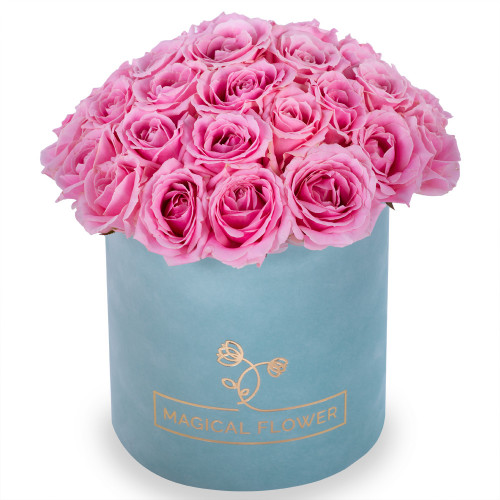 Букет из 35 розовых роз premium в зеленой бархатной шляпной коробке