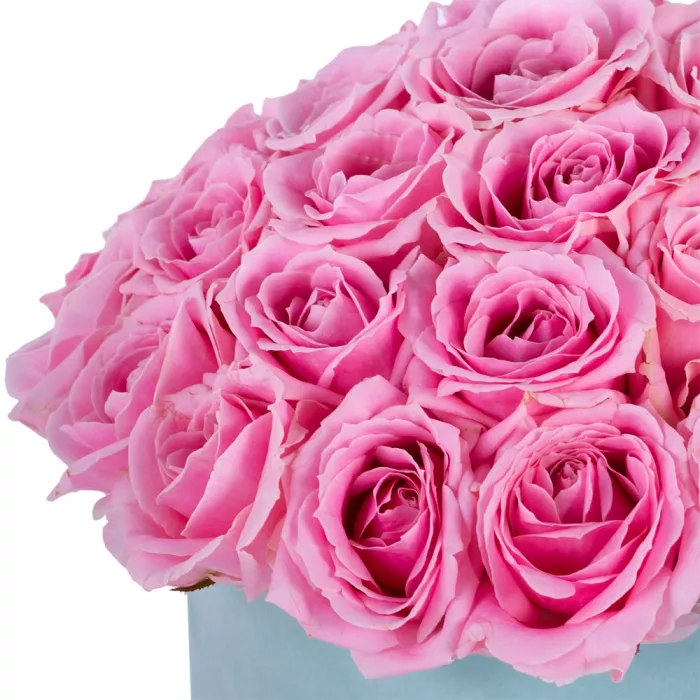 Букет из 35 розовых роз premium в зеленой бархатной шляпной коробке