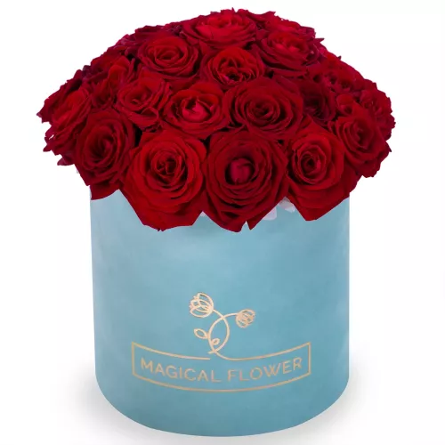 Букет из 35 красных роз premium в зеленой бархатной шляпной коробке Букет из 35 красных роз premium в зеленой бархатной шляпной коробке