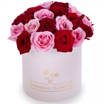Букет из 35 разноцветных роз premium в кремовой шляпной коробке