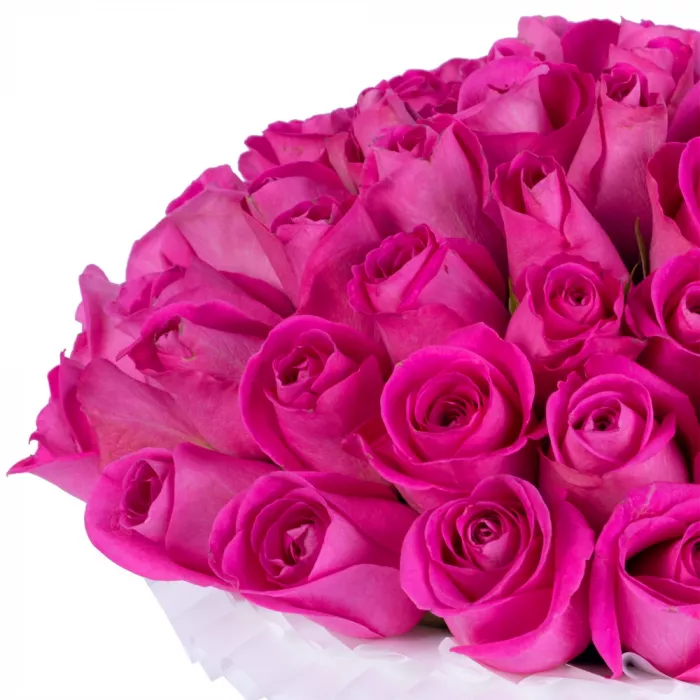 Букет из 35 розовых роз в розовой шляпной коробке