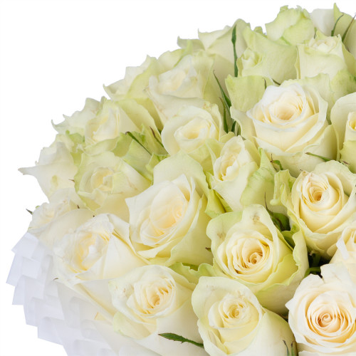 Букет из 35 белых роз в белой шляпной коробке