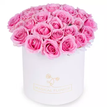 25 розовых роз premium в кремовой шляпной коробке