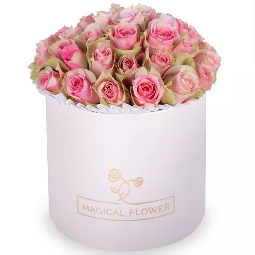 Букет из 25 бело-розовых роз в кремовой шляпной коробке