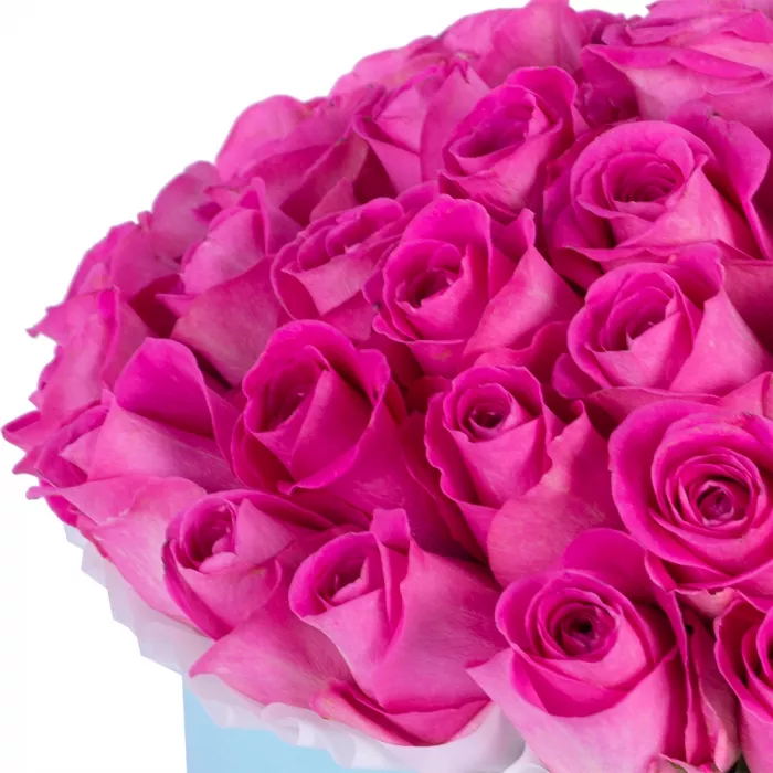 Букет из 51 розовой розы в голубой шляпной коробке