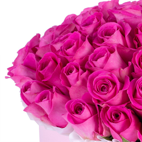 Букет из 51 розовой розы в розовой шляпной коробке