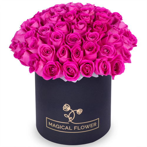 Букет из 75 розовых роз в черной шляпной коробке