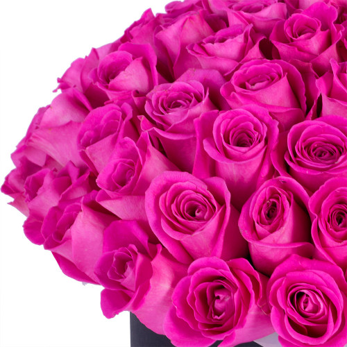 Букет из 75 розовых роз в черной шляпной коробке