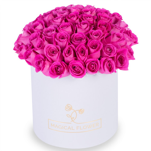 Букет из 75 розовых роз в белой шляпной коробке