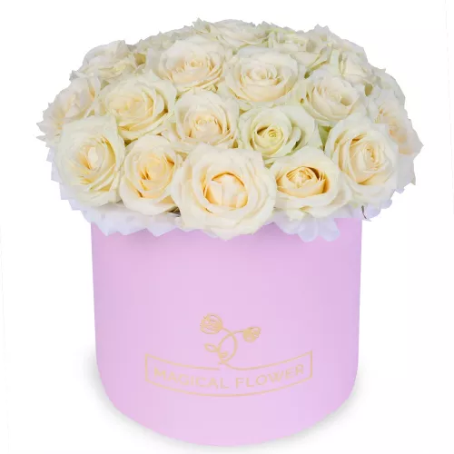 25 белых роз premium в розовой шляпной коробке