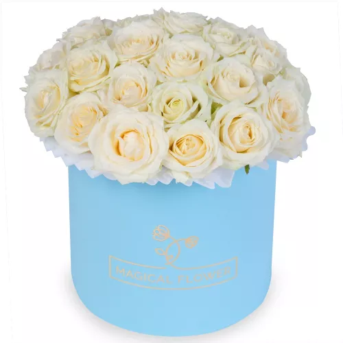 Букет из 25 белых роз premium в голубой шляпной коробке