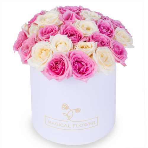 25 разноцветных роз premium в белой шляпной коробке
