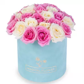 25 разноцветных роз premium в шляпной бархатной коробке