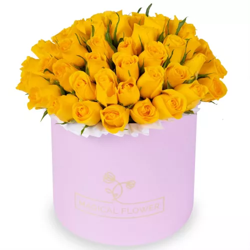 Яркий букет 51 желтая роза в розовой шляпной коробке
