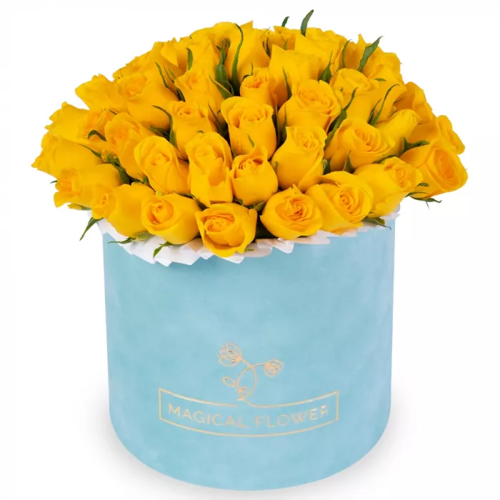 51 желтая роза в бархатной шляпной коробке