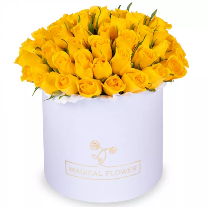 51 желтая роза в кремовой шляпной коробке
