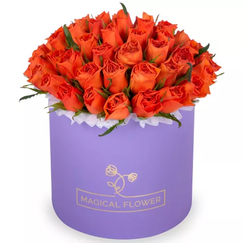 Яркий букет цветов 51 оранжевая роза в фиолетовой шляпной коробке