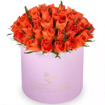 51 оранжевая роза в розовой шляпной коробке