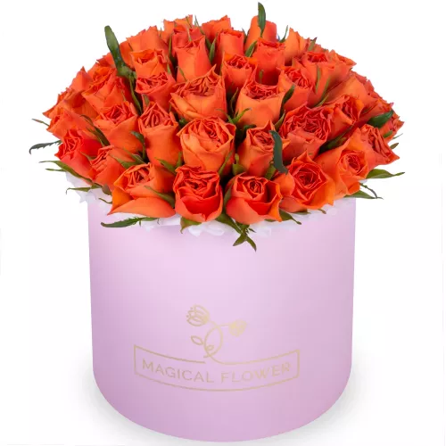 51 оранжевая роза в розовой шляпной коробке