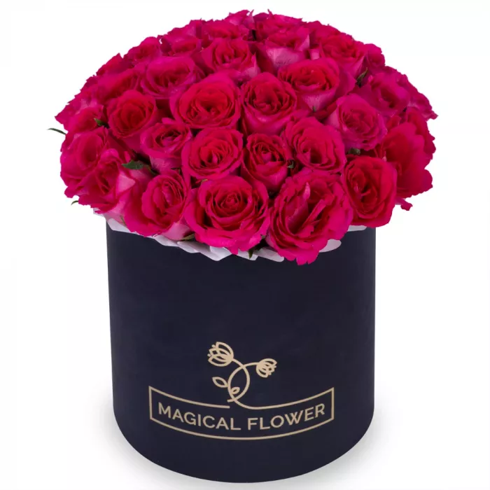 51 малиновая роза в черной шляпной коробке 51 малиновая роза в черной шляпной коробке