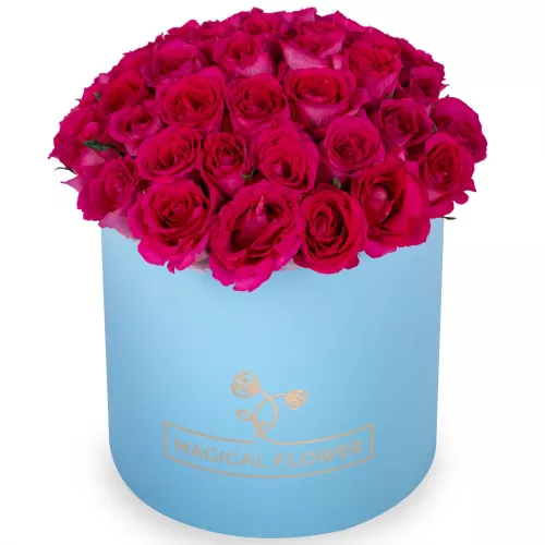 51 малиновая роза в голубой шляпной коробке