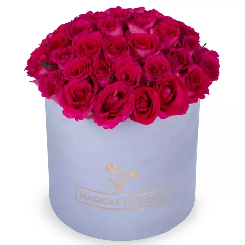 51 малиновая роза в серой бархатной шляпной коробке