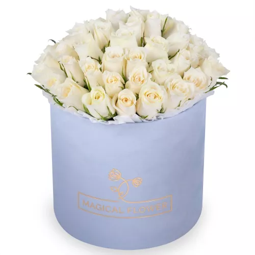 51 белая роза в серой бархатной шляпной коробке
