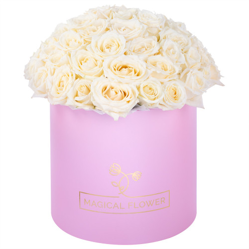 Букет из 51 белой розы premium в розовой шляпной коробке