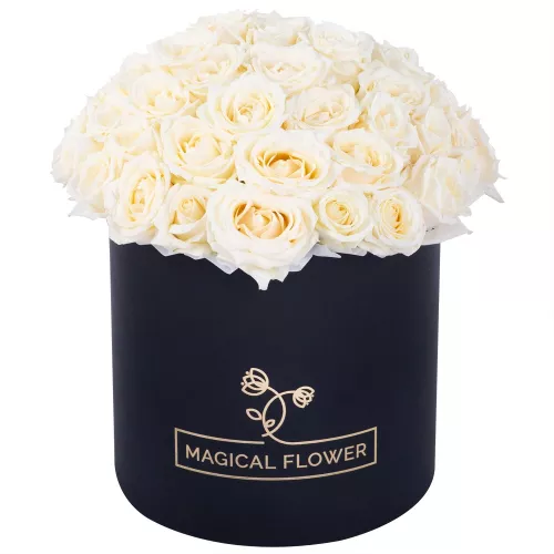 Букет из 51 белой розы premium в черной шляпной коробке Букет из 51 белой розы premium в черной шляпной коробке