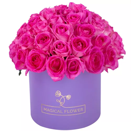 Букет из 51 малиновой розы premium в фиолетовой шляпной коробке