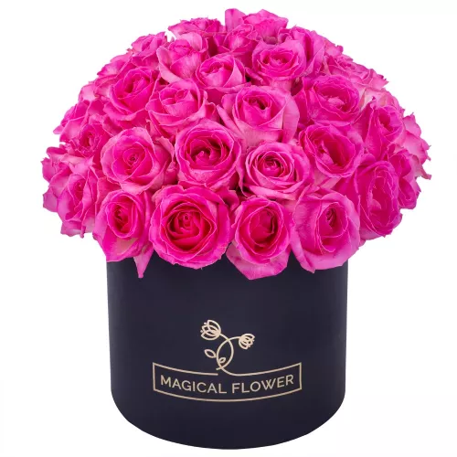 Букет из 51 малиновой розы premium в черной шляпной коробке Букет из 51 малиновой розы premium в черной шляпной коробке