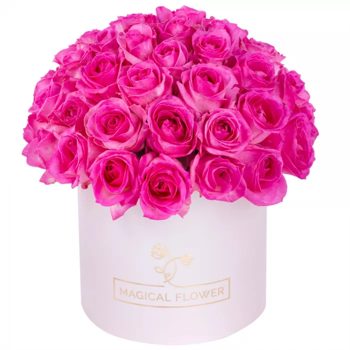 Букет из 51 малиновой розы premium в кремовой шляпной коробке