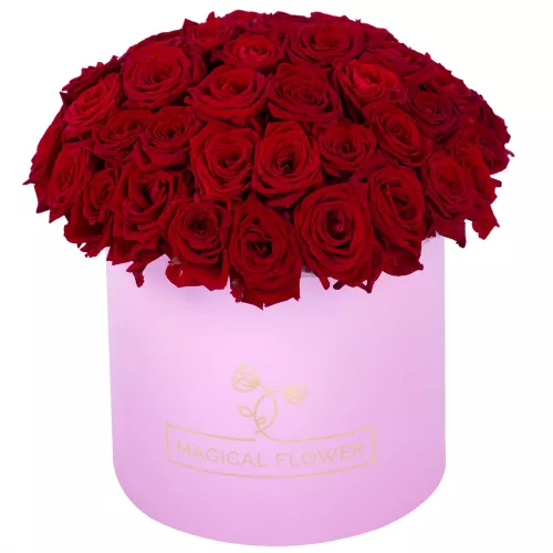 Букет из 51 красной розы premium в розовой шляпной коробке